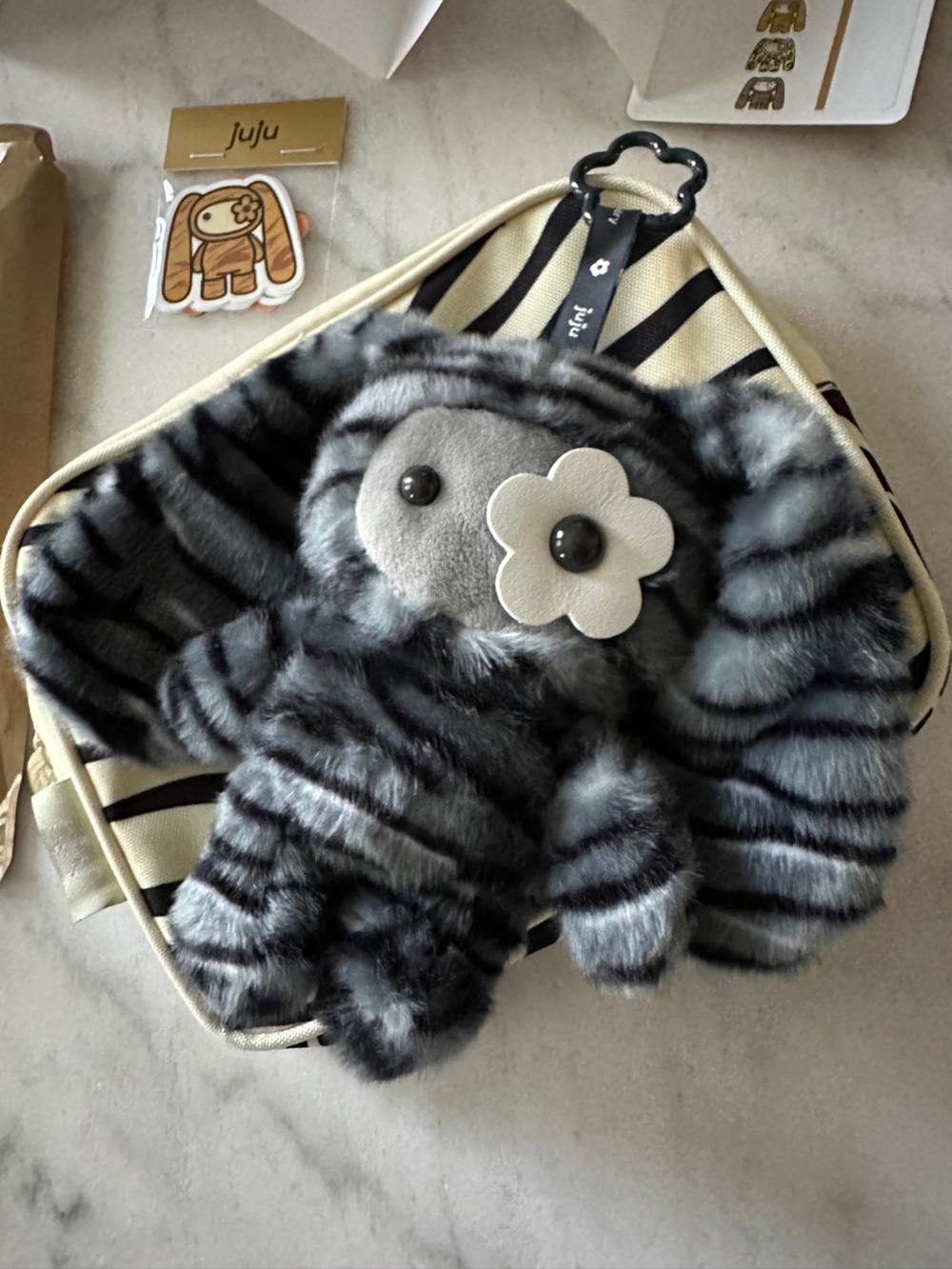 CJ HENDRY—Cookie JuJu Plush Gray Striped Animal Hat with Flower Accent